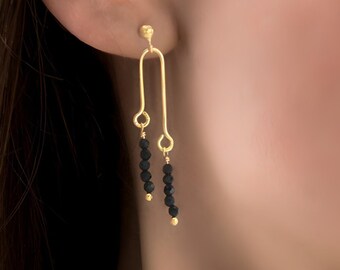 Dangling agate black & gold stud earrings. U Shape. Sterling real 18k gold plated. Waterproof. Unique gift idea for women.