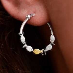 Swimming Against The Current. Sterling HOOP earrings. School of fish with one golden enameled fish swimming upstream. Gift for HER.