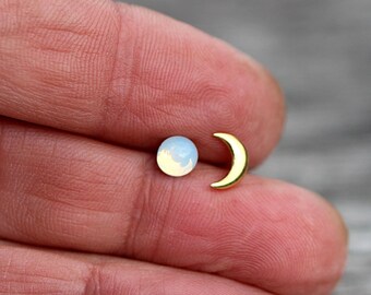 Tiny Gold moon & glass opal stud earrings. Mismatched dainty earrings for her. Sterling gold plated.