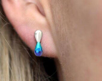 New: WATERDROP Enamel Earrings - Handcrafted Sterling Silver Studs with Blue Gradient. Unique waterproof earrings for her.