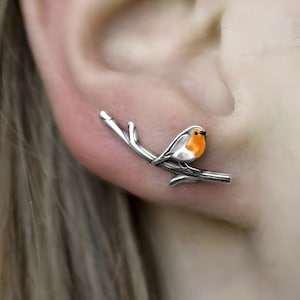 Robin Bird ear climbers. Sterling Silver and orange enamel. Just 1 ear hole needed. afbeelding 1