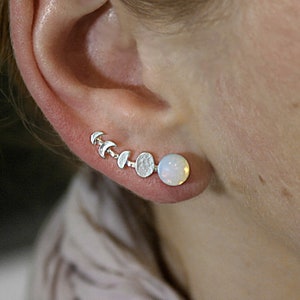 Moon Phase ear climbers. Ear crawler with glass opal. Silver ear climber waning and waxing moon. image 1