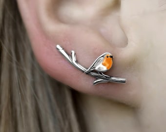 Robin Bird ear climbers. Sterling Silver and orange enamel. Just 1 ear hole needed.