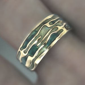 Ocean Ring. 18k gold plated sterling silver. Enamel in shades of green. Unique handmade ring for women. Waterproof.