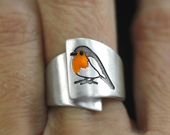 Red Robin vogel statement ring. 925 sterling zilver en oranje emaille. Verstelbare wikkelring. Unieke, op de natuur geïnspireerde ring voor haar.