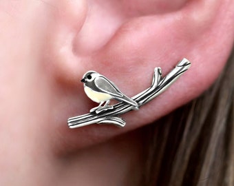 New: Chickadee bird ear climbers. Sterling Silver & enamel. Just 1 ear hole needed. Black capped chickadee. Unique gift for her.