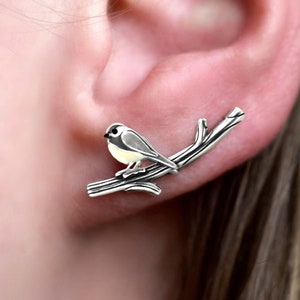 New: Chickadee bird ear climbers. Sterling Silver & enamel. Just 1 ear hole needed. Black capped chickadee. Unique gift for her. image 1