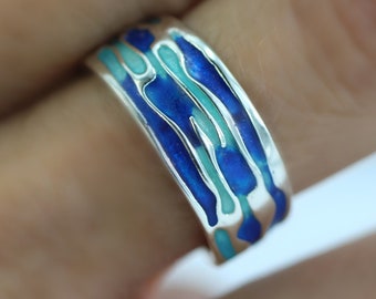 Ocean Ring. Sterling Silver ring with embedded blue turquoise waves. Enameled. Unique handmade holiday gifts.