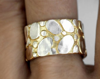 Nouveau : GOLDEN RIVES. Bague en argent et or sterling. Unique, fait main, réglable et imperméable.