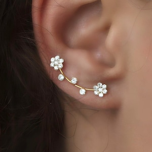 Flower ear climbers. JUST 1 EAR HOLE needed. Gold over sterling silver and cz flowers. Waterproof leightweight earrings. image 2