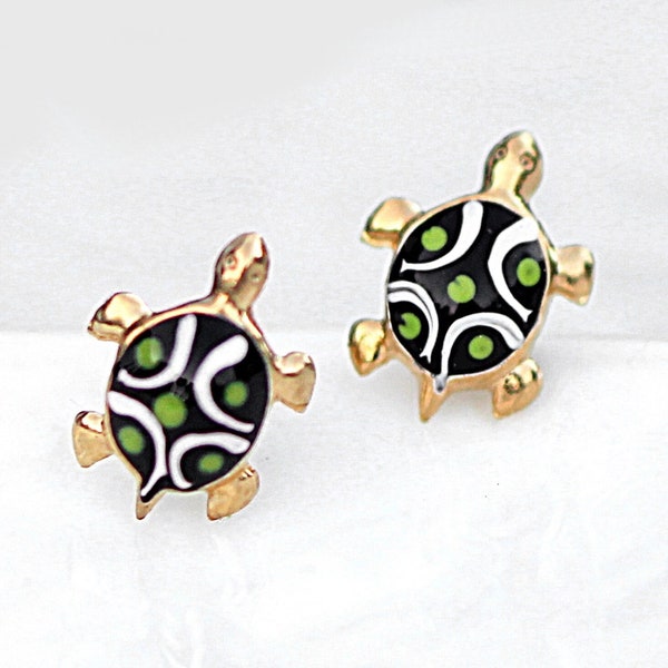 Tiny turtle stud earrings. Vermeil gold plated sterling silver and enamel. Nature inspired dainty studs for her. Waterproof.