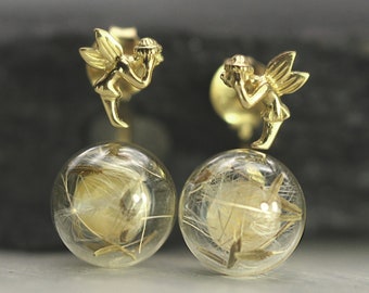 Fairy dandelion EAR JACKETS. Sterling silver or gold. Dainty earrings with tinkerbells on real dandelions.
