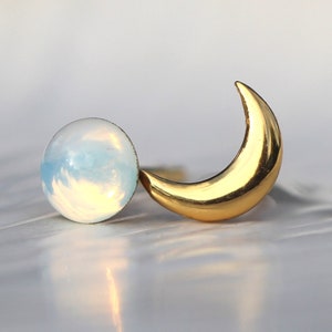 Tiny Gold moon & glass opal stud earrings. Mismatched dainty earrings for her. Sterling gold plated. image 1