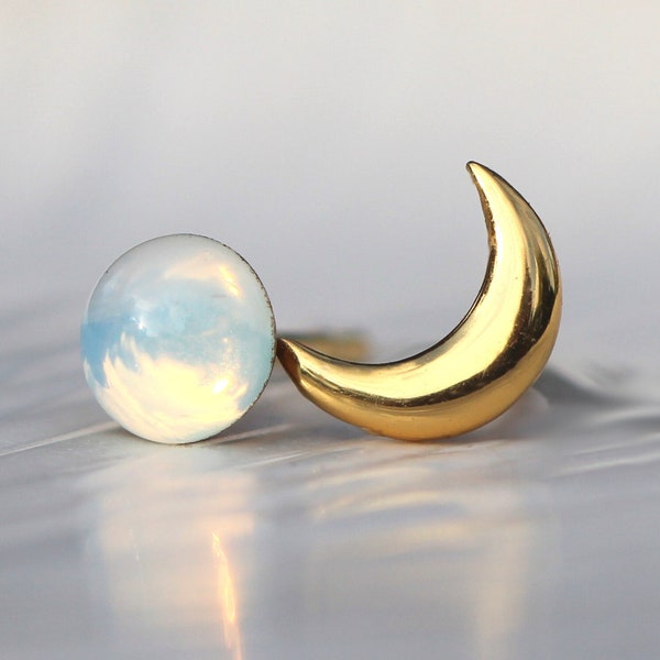 Tiny Gold moon & glass opal stud earrings. Mismatched dainty earrings for her. Sterling gold plated.