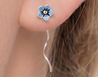 Tiny silver Forget me Not earrings. Dainty sterling threader earrings with light blue enameled blossom. Threader Stud earring for her.