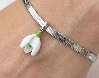 Schneeglöckchen Armband Weisse & Grüne Emaille Edelstahl