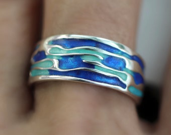 Ocean Ring. Sterling Silver ring with embedded blue turquoise waves. Enameled. Unique handmade holiday gifts.