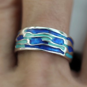 Ocean Ring. Sterling Silver ring with embedded blue turquoise waves. Enameled. Unique handmade holiday gifts. image 2