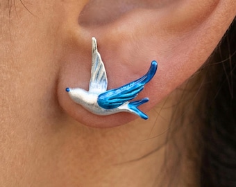 Schwalben Ohrstecker. Türkisblaue Emaille Silber Vogel Ohrringe.