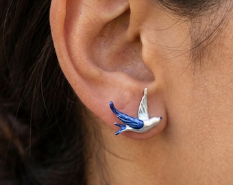 Blaue Schwalben Ohrstecker Sterling Silber Emaille Vogel