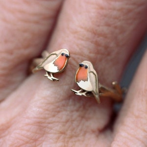 Red Robin open ring. Gold over sterling silver and orange enamel. Unique nature inspired bird ring for her.