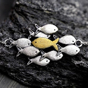 Swimming against the current silver bracelet. School of fish with one golden enameled fish swimming upstream. Gift for her. image 3