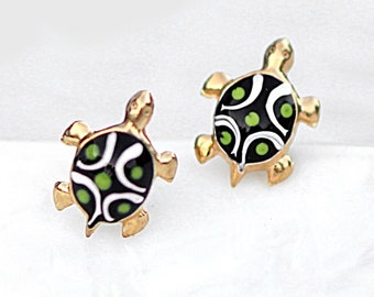 Tiny turtle stud earrings. Vermeil gold plated sterling silver and enamel. Nature inspired dainty studs for her. Waterproof.