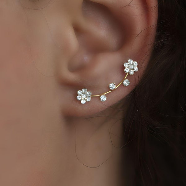 Flower ear climbers. JUST 1 EAR HOLE needed. Gold over sterling silver and cz flowers. Waterproof leightweight earrings.