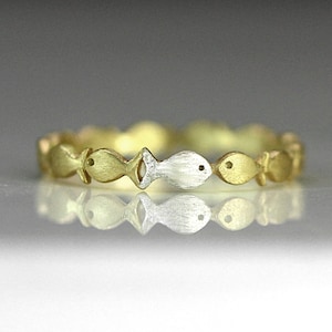 Swimming against the current. DAINTY silver gold ring. School of fish with a silver one swimming upstream. Gift for her.