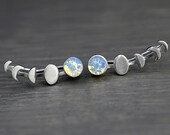 Sterling Waxing Moon and genuine vintage opal stone ear climbers. Tiny silver pinfire opal stud earrings. Moon phases earrings for her.