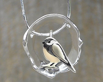 Chickadee necklace. Sterling Silver and enamel. Nature inspired unique necklace for her.