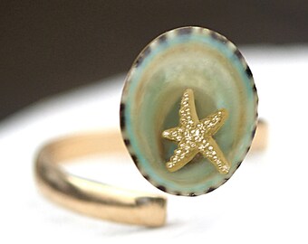 New: Ocean Ring. Tiny starfish in real limpet shell. 18k gold plated sterling silver. Unique ring for her. Beach wedding.