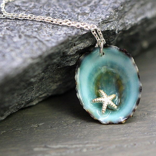 Ocean necklace. Tiny starfish in real limpet shell. Sterling silver. Delicate. Beach wedding. Bridesmaid. Unique seashell necklace for her.