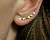 New Against the current ear climbers. Dainty. School of fish with one golden enameled swimming upstream. Gift for her.
