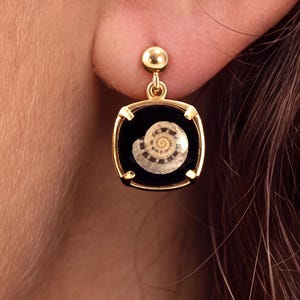Könnte beinhalten: Ein goldener Ohrstecker mit einer quadratischen schwarzen Fassung, die in der Mitte eine kleine, spiralförmige, cremefarbene Fossilschale enthält. Der Ohrring ist mit einem polierten Goldkugelstecker und einem einfachen Goldring verbunden.