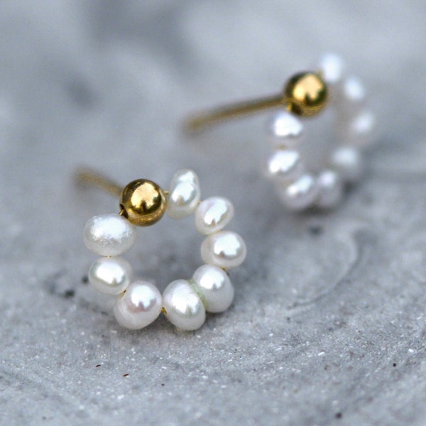 Dainty freshwater pearl circle stud earrings. 18k vermeil gold plated sterling. Small pearl earrings. Summer jewelry. Bridal earrings.