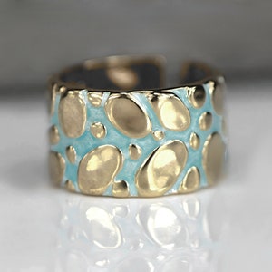 New: RIVERBED. 18K Gold Plated Sterling Silver & Aqua Enamel Ring. Waterproof. Adjustable. image 1