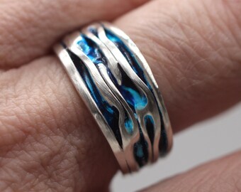 Ocean Ring. Sterling Silver ring with embedded blue turquoise waves. Adjustable. Ring for men and women. Gift for him and her. Unisex ring.