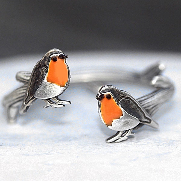 Bague ouverte Red Robin. Argent sterling et émail orange. Bague oiseau unique inspirée de la nature pour elle.