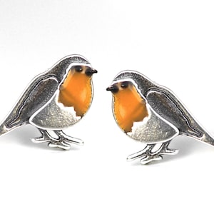 Red robin bird stud earrings. Small robin birds with orange enamel. Sterling silver. Unique nature inspired bird earrings for her.
