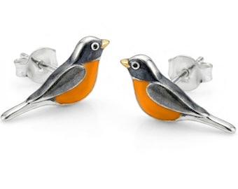 925 Silber Vogel Ohrstecker Orange Emaille Kleine Vogel Ohrringe