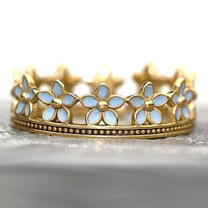 Forget Me Not ring. Light blue enamel. Gold over sterling. Dainty adjustable flower ring. Stackable. Best gifts for her.