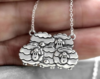 Flock of sheep necklace. 925 Sterling Silver. Unique handmade nature inspired jewelry for her.