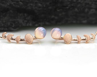Moon Phase ear climbers. Rose gold ear crawler with glass opal. Sterling rose gold plated. Handmade celestial earrings for her.