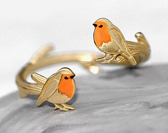 Red Robin open ring. Gold over sterling silver and orange enamel. Unique nature inspired bird ring for her.
