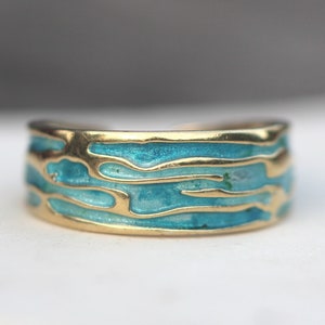 Ocean Ring. 18k gold plated sterling silver. Enamel in shades of turquoise. Unique handmade ring for women. Waterproof.