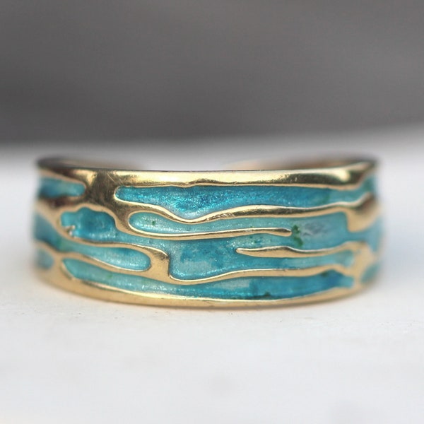 Oceaanring. 18k verguld sterlingzilver. Emaille in turquoise tinten. Unieke handgemaakte ring voor dames. Waterbestendig.