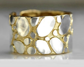 Neu: GOLDENE KÜSTE. Bicolor Ring aus Sterling Silber und Gold. Einzigartig, handgemacht, verstellbar und wasserfest