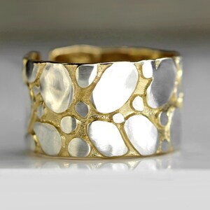 New: GOLDEN SHORES. Silver and gold sterling ring. Unique, handmade, adjustable and waterproof.