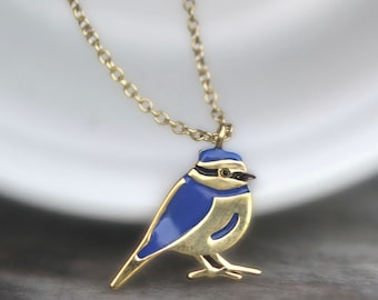 Dainty Blue Tit necklace. Gold plated sterling & blue enamel. Nature inspired 18k gold chickadee necklace for her.